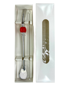 Bombilla set Cuchara 22cm, with cleaning brush in gift carton box, RED