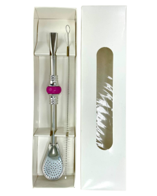 Set Bombilla Cuchara 19cm, with cleaning brush in gift carton box, DARK PINK