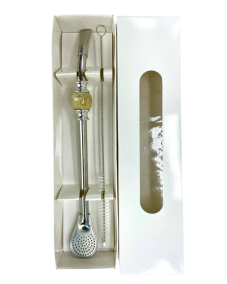 Bombilla set Cuchara 22cm, with cleaning brush in gift carton box, BEIGE