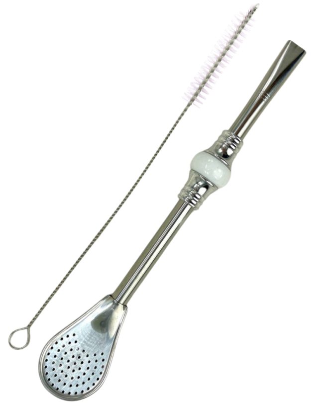 Sada Bombilla Cuchara 19cm s čisticím kartáčkem v dárkové krabičce, BÍLÁ