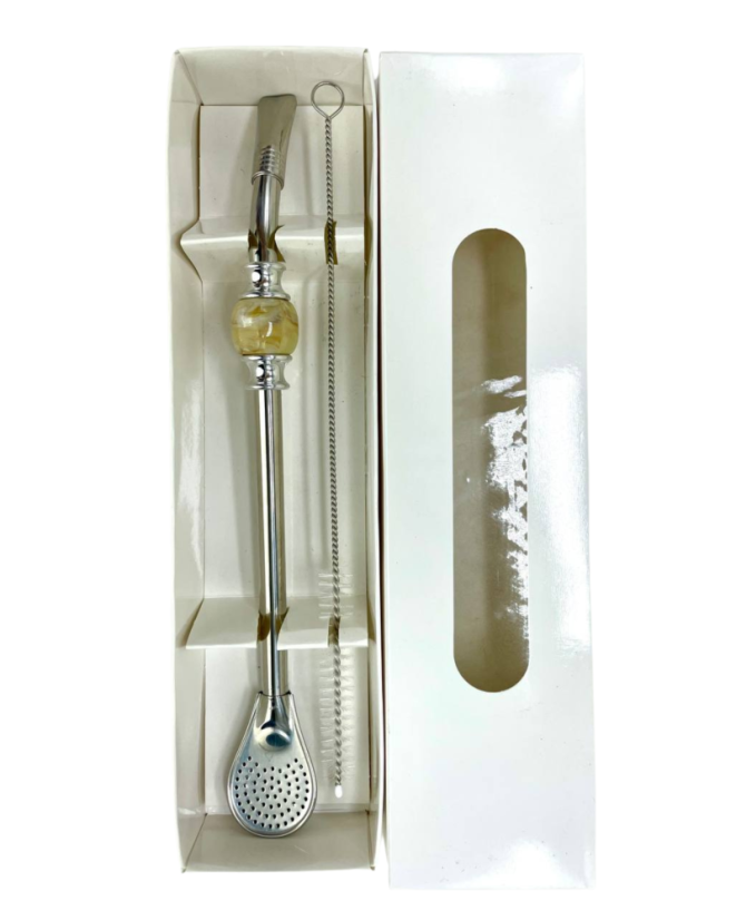Bombilla set Cuchara 22cm, with cleaning brush in gift carton box, BEIGE